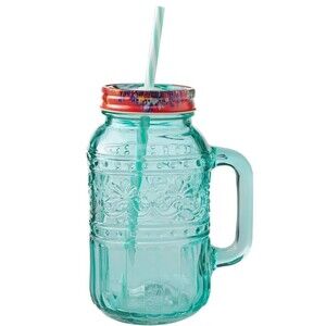 Pioneer Woman Cassie Mason Jar Drinking Glass Lid Straw Teal Handle 32 oz Gift
